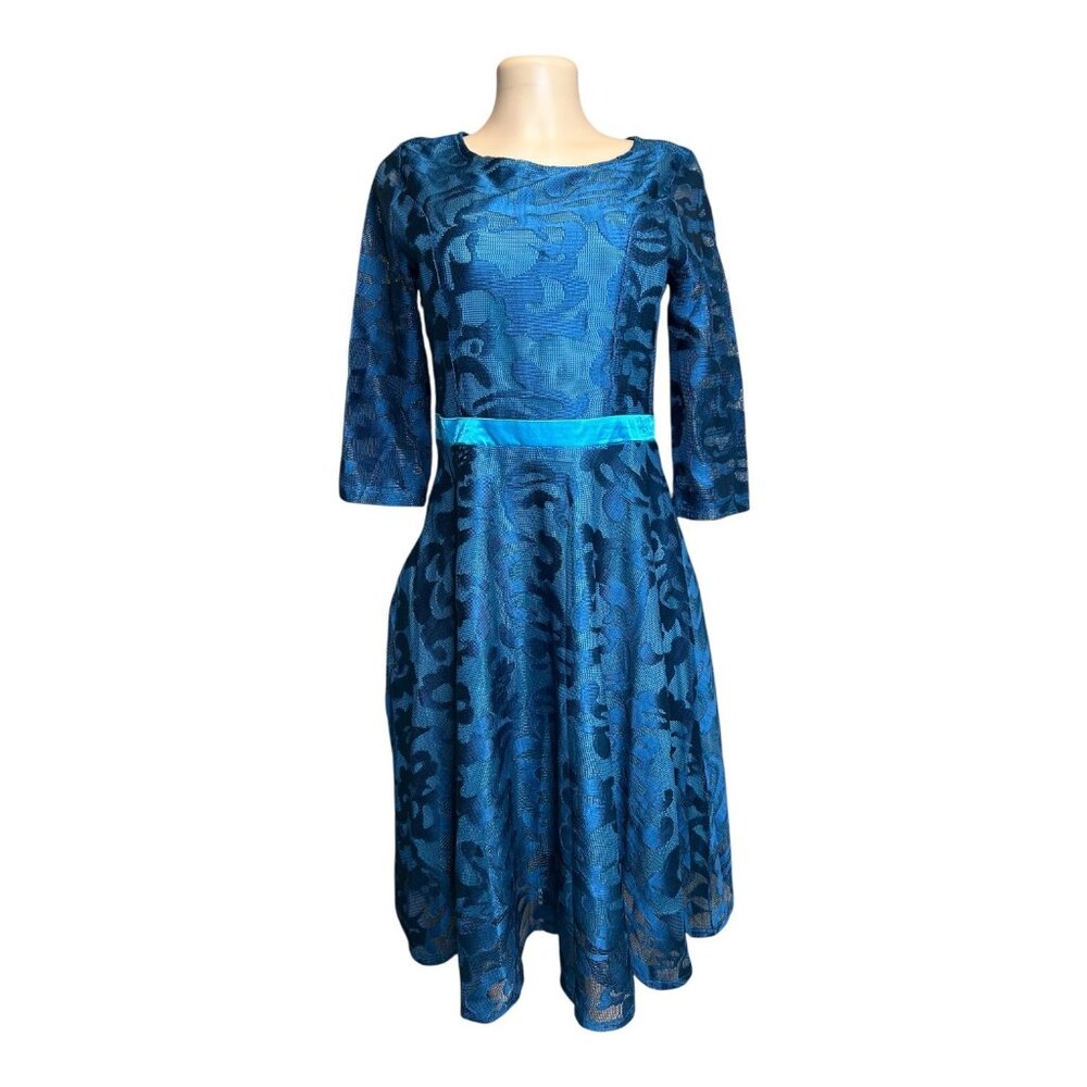 K-129 Hakoree Women's XS Blue Textured Fit & Flare Dress With 3/4 Sleeves